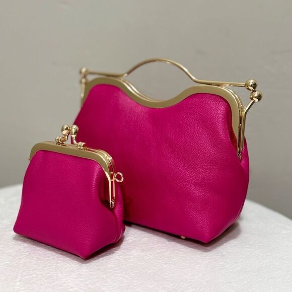 Hot Pink Pebble Leather Handmade Double Kisslock, Metal Frame Handbag Set - Picture 8 of 17